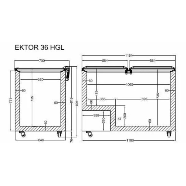 Морозильна скриня, лар з відкидним прямим склом CRYSTAL Ektor 36 HGL
